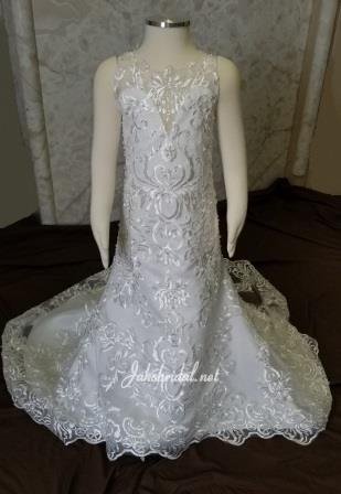 Toddler lace flower girl dress. Fitted lace, illusion neck and softly scalloped hem with court train.